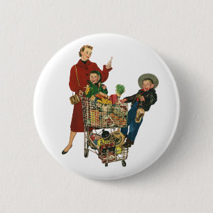 Retro familie, moeder en Kinder boodschappenwagent Ronde Button 5,7 Cm