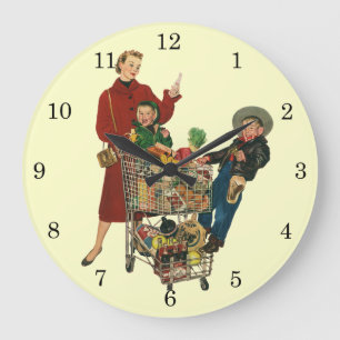 Retro familie, moeder en kinderen boodschappenwage grote klok