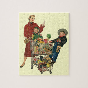 Retro familie, moeder en kinderen boodschappenwage legpuzzel