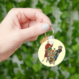 Retro familie, moeder en kinderen boodschappenwage sleutelhanger