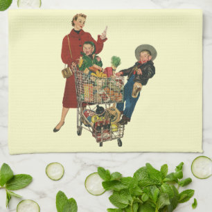 Retro familie, moeder en kinderen boodschappenwage theedoek
