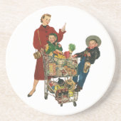 Retro familie, moeder en kinderen boodschappenwage zandsteen onderzetter (Voorkant)