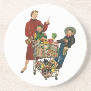 Retro familie, moeder en kinderen boodschappenwage zandsteen onderzetter
