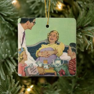 Retro familie serveert mam ontbijt op bed keramisch ornament