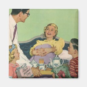 Retro familie serveert moeder ontbijt op bed magneet
