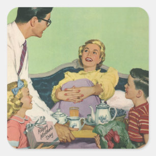 Retro familie serveert moeder ontbijt op bed vierkante sticker