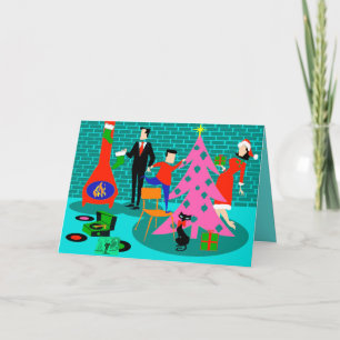 Retro Familie Trimmen van de Kerstboom Kaart