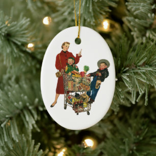 Retro Family, Mam en Kinderen, Cart Grocery Shoppi Keramisch Ornament