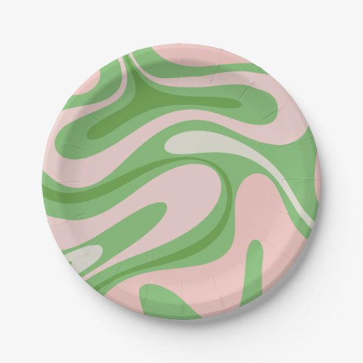 Retro Fantasy Swirl Abstract Pattern Green Roze Papieren Bordje (Voorkant)