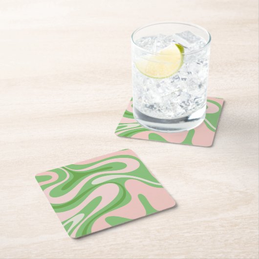 Retro Fantasy Swirl Abstract Pattern Green Roze Vierkante Kartonnen Onderzetter (Insitu)