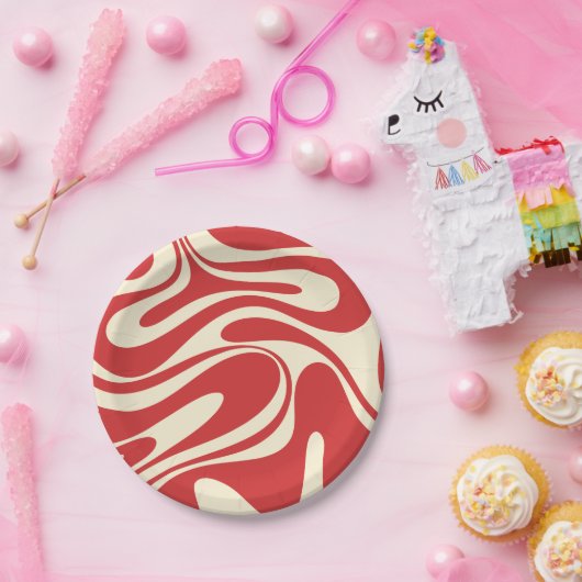 Retro Fantasy Swirl Abstract Pattern Red & Cream Papieren Bordje (Feest)