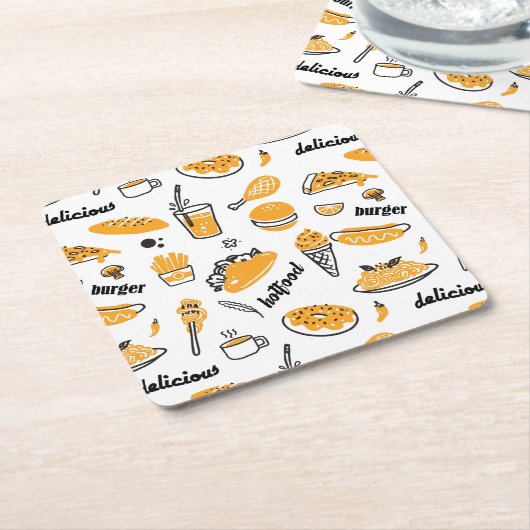 Retro Fast Food Hand Drawn Sketch Pattern Vierkante Kartonnen Onderzetter (Schuin)