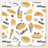 Retro Fast Food Hand Drawn Sketch Pattern Vierkante Kartonnen Onderzetter (Voorkant)