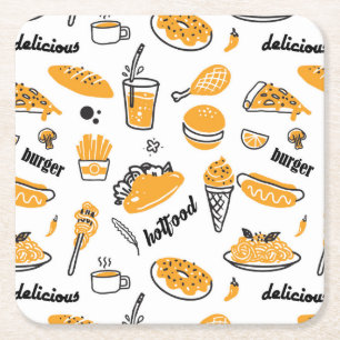 Retro Fast Food Hand Drawn Sketch Pattern Vierkante Kartonnen Onderzetter