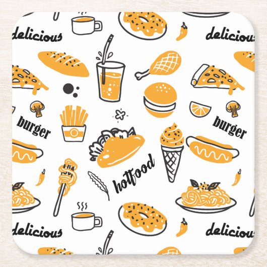 Retro Fast Food Hand Drawn Sketch Pattern Vierkante Kartonnen Onderzetter (Voorkant)