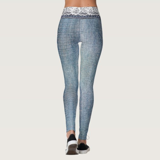  Retro Faux Blue Jeans Denim White Lace Leggings (Achterkant)