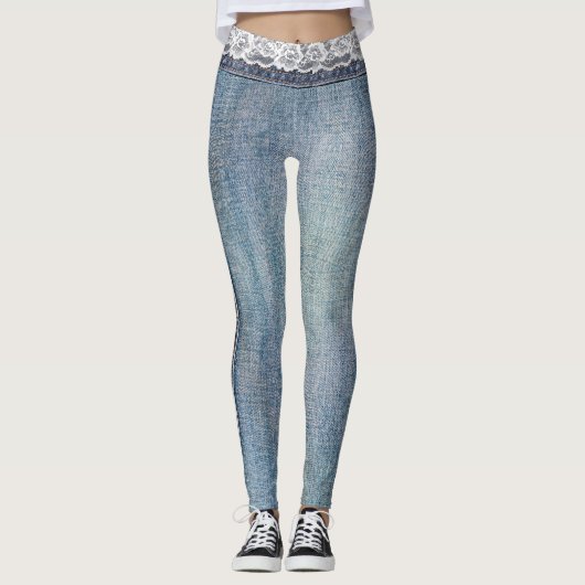  Retro Faux Blue Jeans Denim White Lace Leggings (Voorkant)