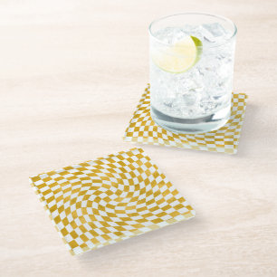 Retro Faux Gold Foil Checker Warped Checkerboard Glazen Onderzetter