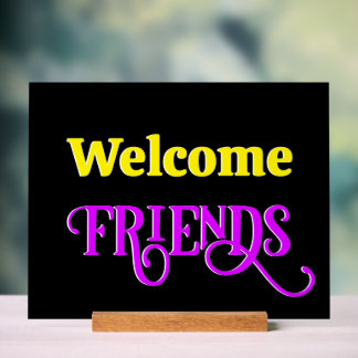 Retro FAUX Neon Welkom Vrienden Geel en Paars Acryl Bord