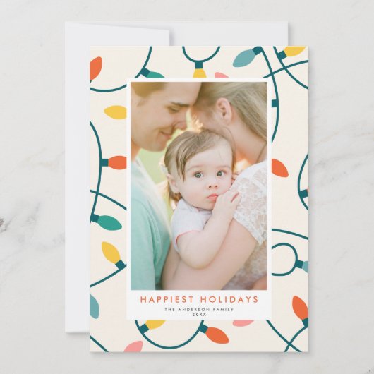 Retro feestelijke kleurrijke kerstverlichting één feestdagenkaart (Voorkant)