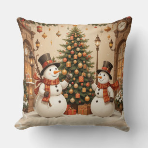 Retro Festieve Sneeuwmannen en Kerstboom Kussen