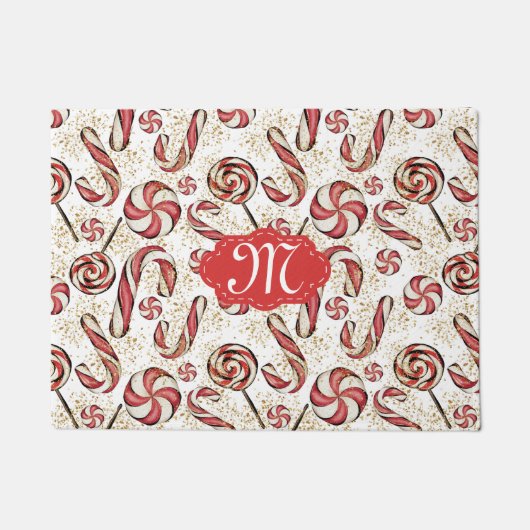 Retro Festive Cute Red Candy Cane Pattern Monogram Deurmat (Voorkant)
