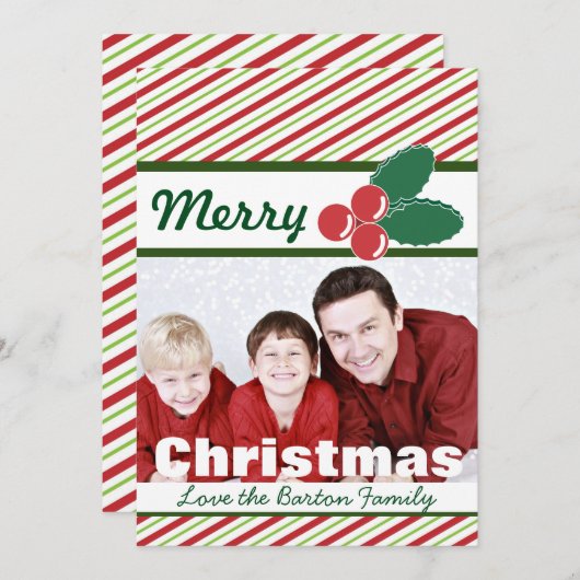 Retro Festive Stripes en Holly Custom Photo Feestdagenkaart (Voorkant / Achterkant)