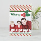 Retro Festive Stripes en Holly Custom Photo Feestdagenkaart (Staand voorkant)