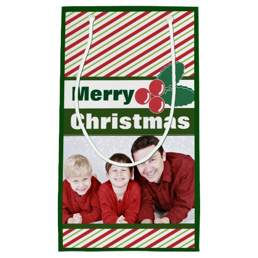 Retro Festive Stripes en Holly Custom Photo Klein Cadeauzakje (Voorkant)