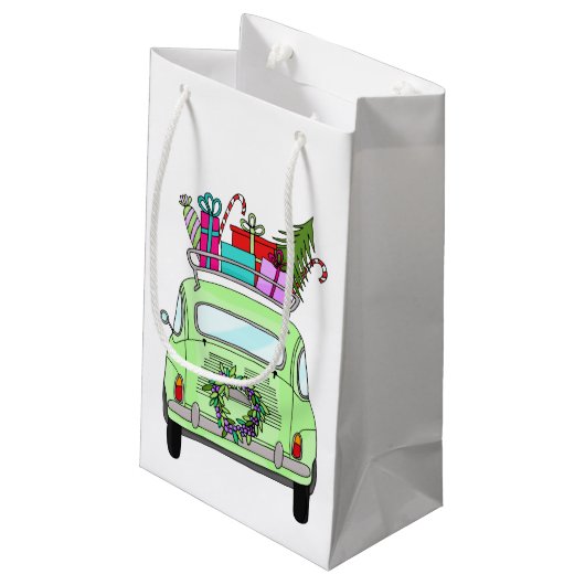 Retro Fiat 500 met kerstcadeaus Klein Cadeauzakje (Achterkant Gekanteld)