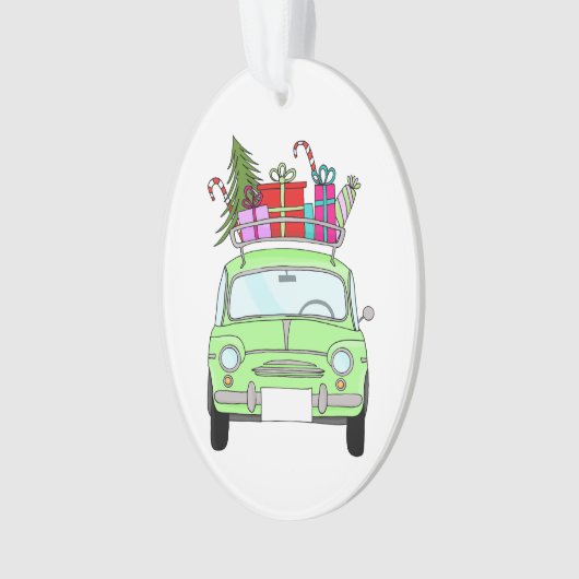 Retro Fiat 500 met kerstcadeaus Ornament (voorkant)