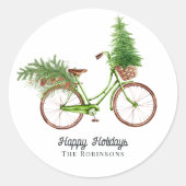 Retro-fiets kerstboom en dennenbomen vakantie ronde sticker (Voorkant)