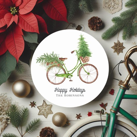 Retro-fiets kerstboom en dennenbomen vakantie ronde sticker