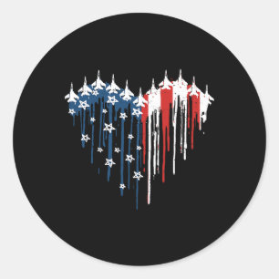 Retro Fighter Jet Vliegtuig Amerikaanse Vlag Hart Ronde Sticker