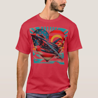 Retro Fighter Jet Vliegtuig Amerikaanse Vlag Hart  T-shirt
