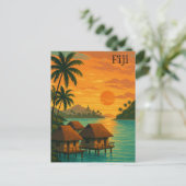 Retro Fiji Tropical Ocean Bungalows Sunset Uitzich Briefkaart (Staand voorkant)