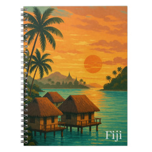 Retro Fiji Tropical Ocean Bungalows Sunset Uitzich Notitieboek