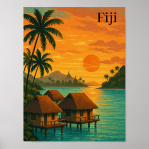 Retro Fiji Tropical Ocean Bungalows Sunset Uitzich Poster