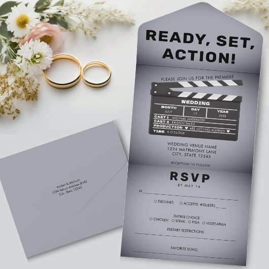 Retro Film Clap Board Grijs Bruiloft All In One Uitnodiging