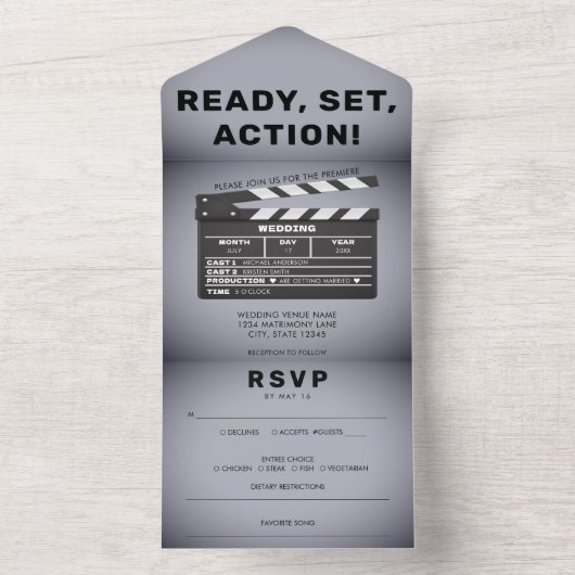 Retro Film Clap Board Grijs Bruiloft All In One Uitnodiging (Binnen)