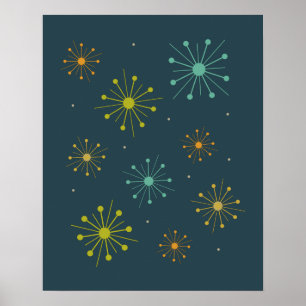 Retro Fireworks Starbursts op Dark Blue Mideeuw Poster