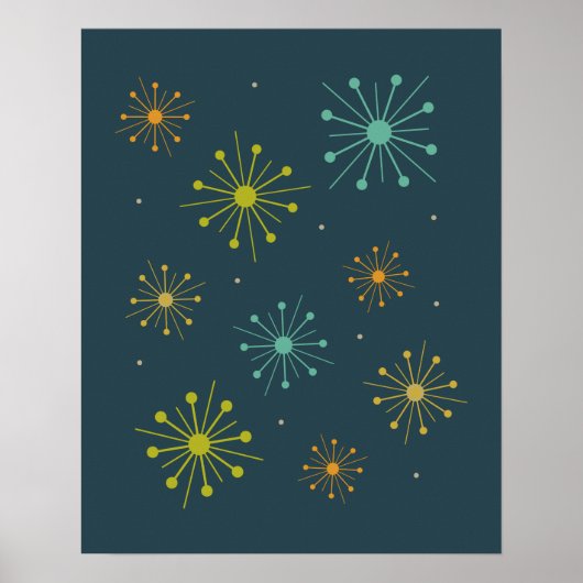 Retro Fireworks Starbursts op Dark Blue Mideeuw Poster (Voorkant)