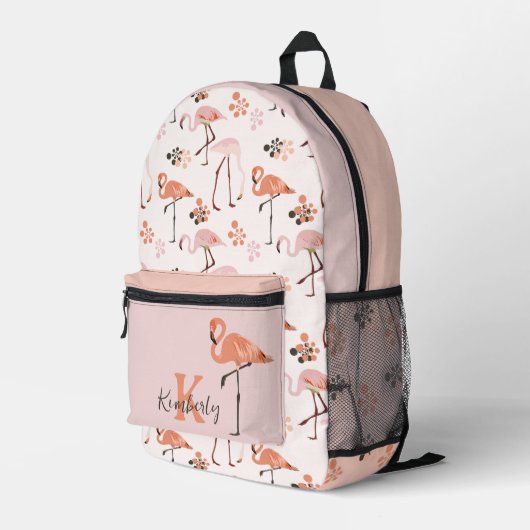 Retro Flamingo Monogram Naam Peach Pink Bedrukte Rugzak (Achterkant Hoek Rechts)