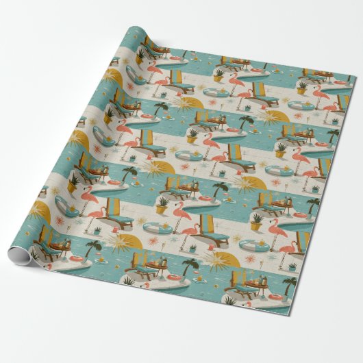 Retro Flamingo Poolside Summer Pattern (10) Cadeaupapier (Uitgerold)