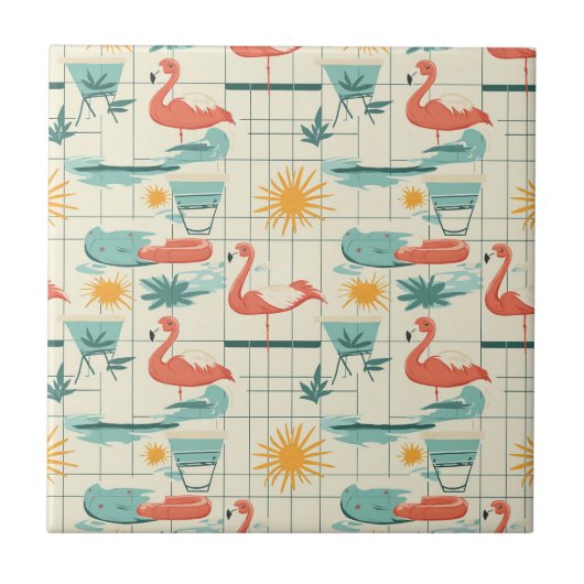 Retro Flamingo Poolside Summer Pattern (3) Tegeltje (Voorkant)