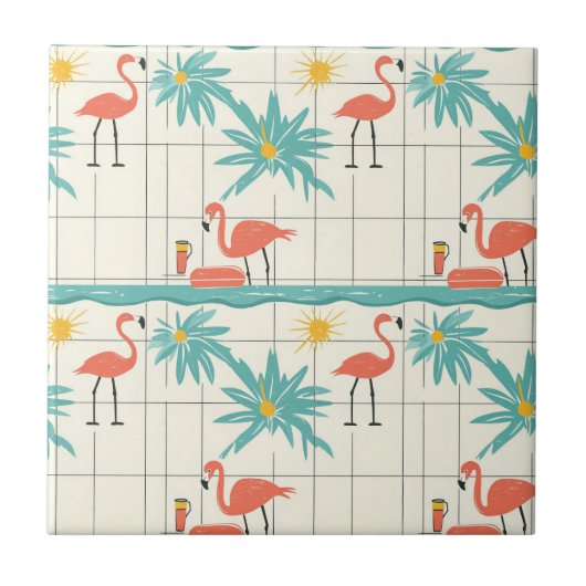 Retro Flamingo Poolside Summer Pattern (4) Tegeltje (Voorkant)