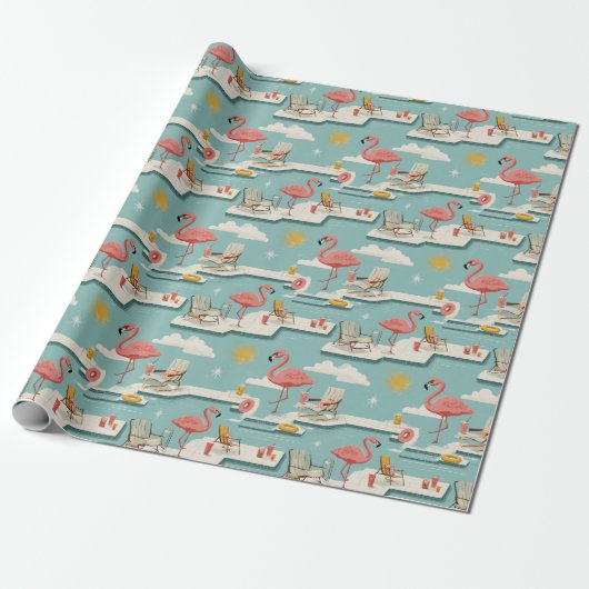 Retro Flamingo Poolside Summer Pattern (7) Cadeaupapier (Uitgerold)
