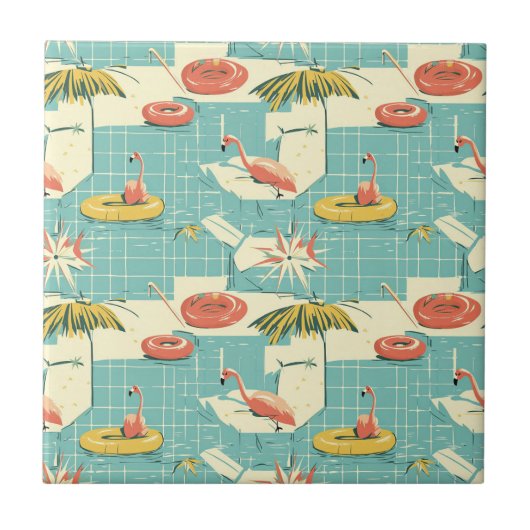 Retro Flamingo Poolside Summer Pattern (7) Tegeltje (Voorkant)