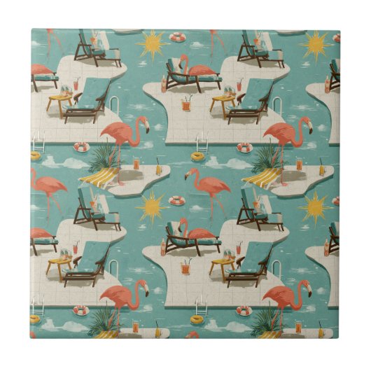 Retro Flamingo Poolside Summer Pattern (9) Tegeltje (Voorkant)