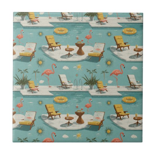 Retro Flamingo Zwembad Zomer Patroon (10) Tegeltje (Voorkant)